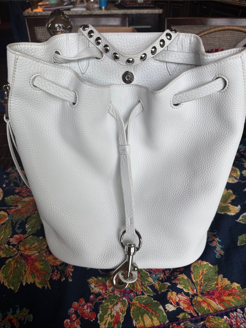 White Pebbled Leather Drawstring Bucket Backpack - Picture 10 of 10
